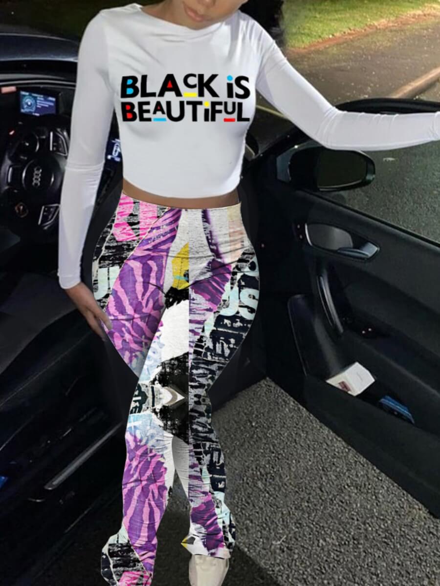 

Lovely Street Letter Print Patchwork White Two Piece Pants Set