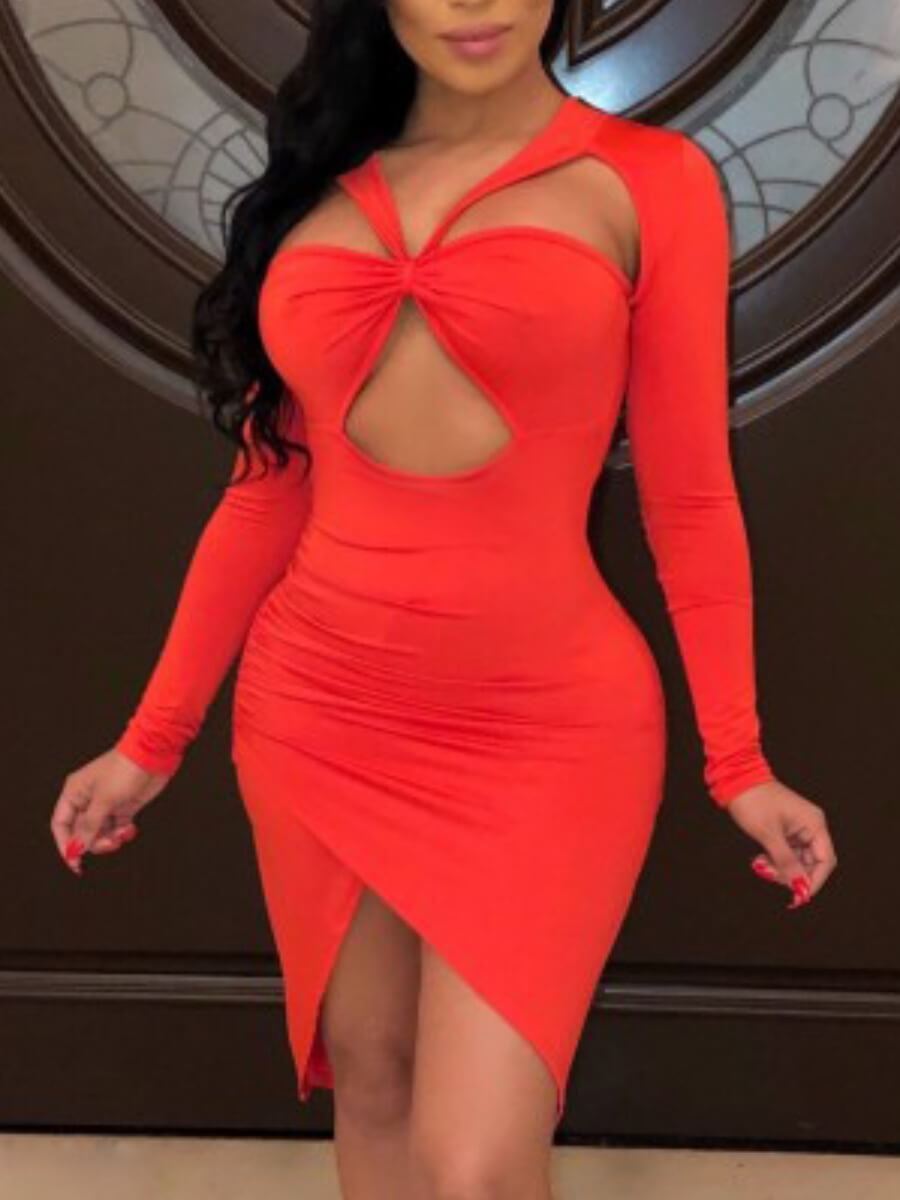 

Lovely Sexy Hollow-out Cross-over Design Asymmetrical Red Knee Length Dress
