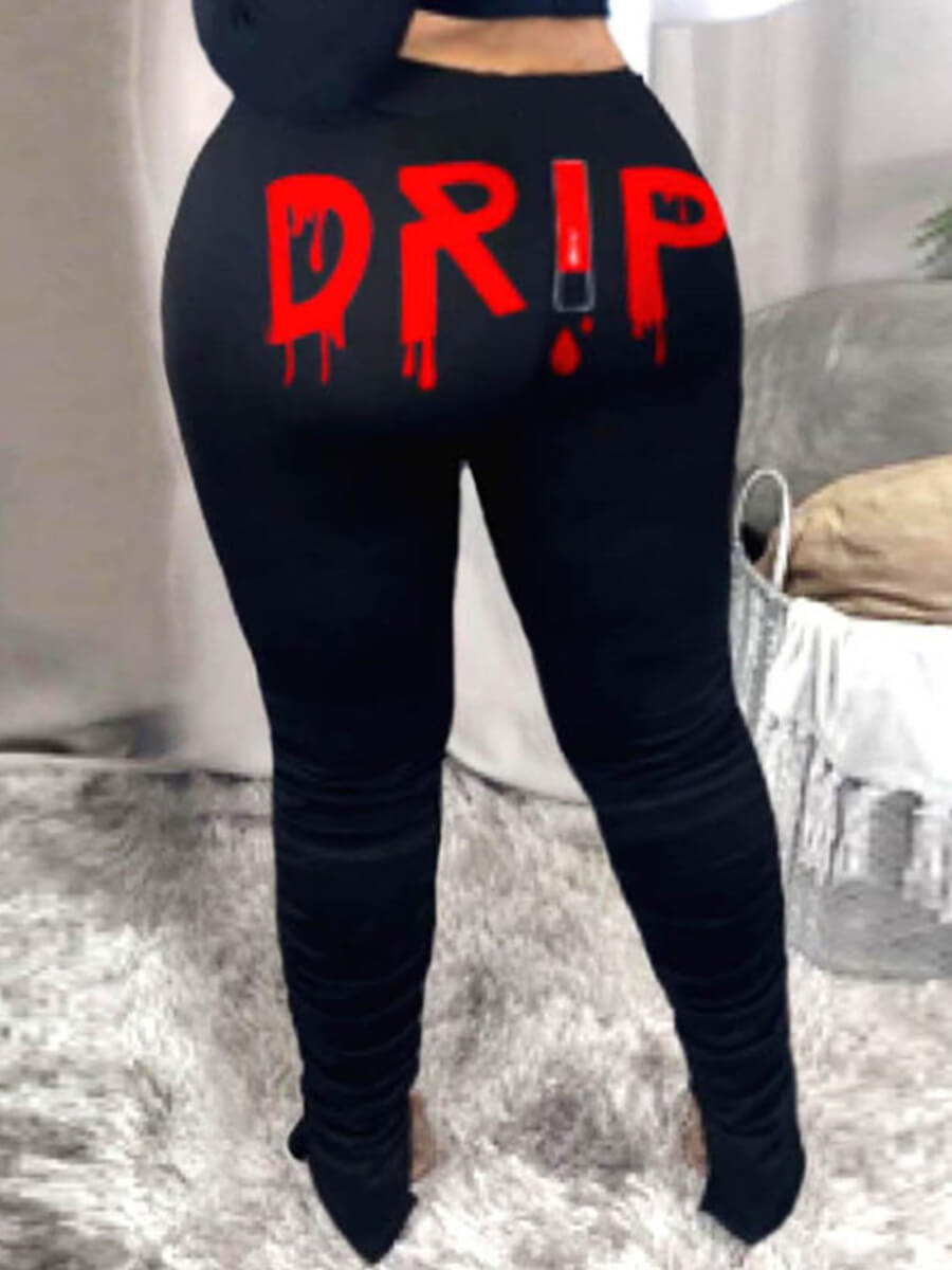 

Lovely Casual Mid Waist Letter Print Black Plus Size Pants