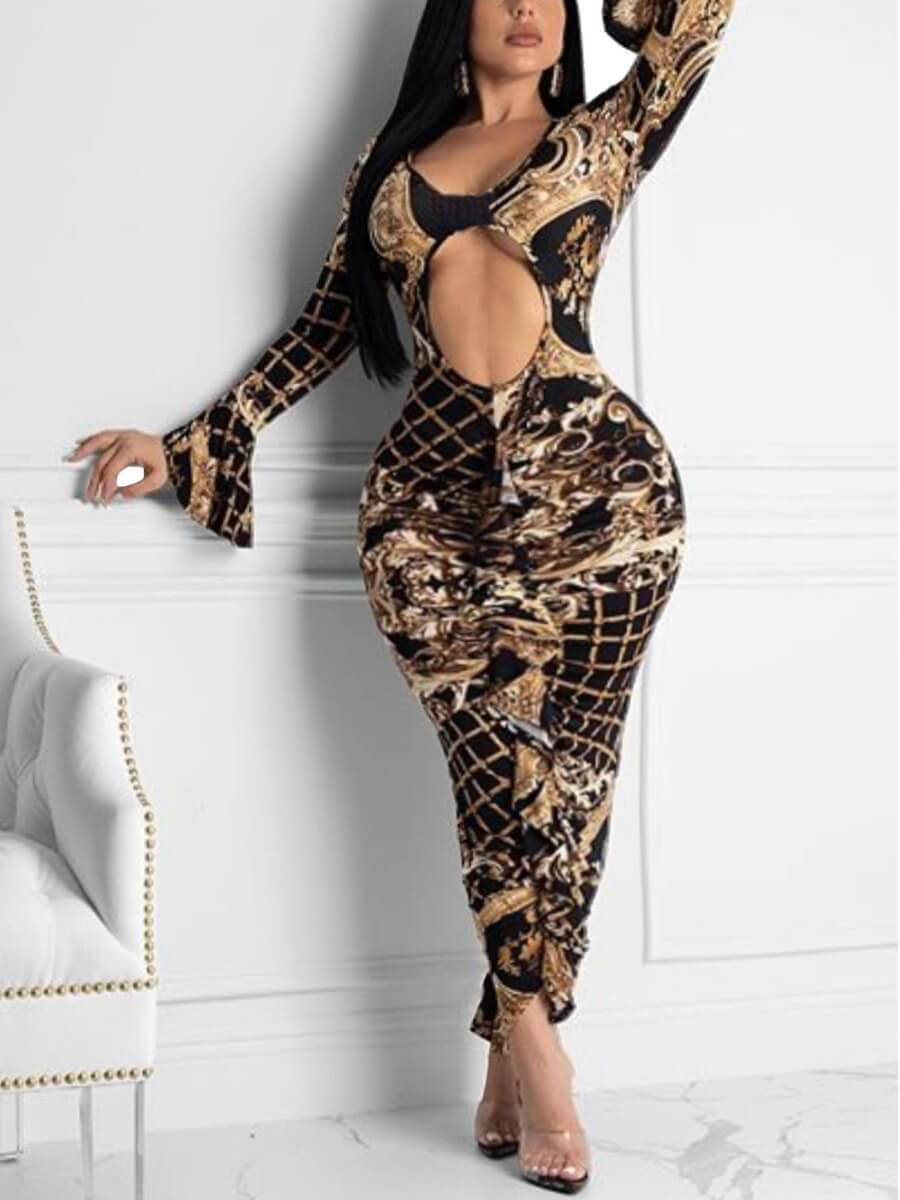 

Lovely Sexy Flared Print Hollow-out Black Ankle Length Plus Size Dress