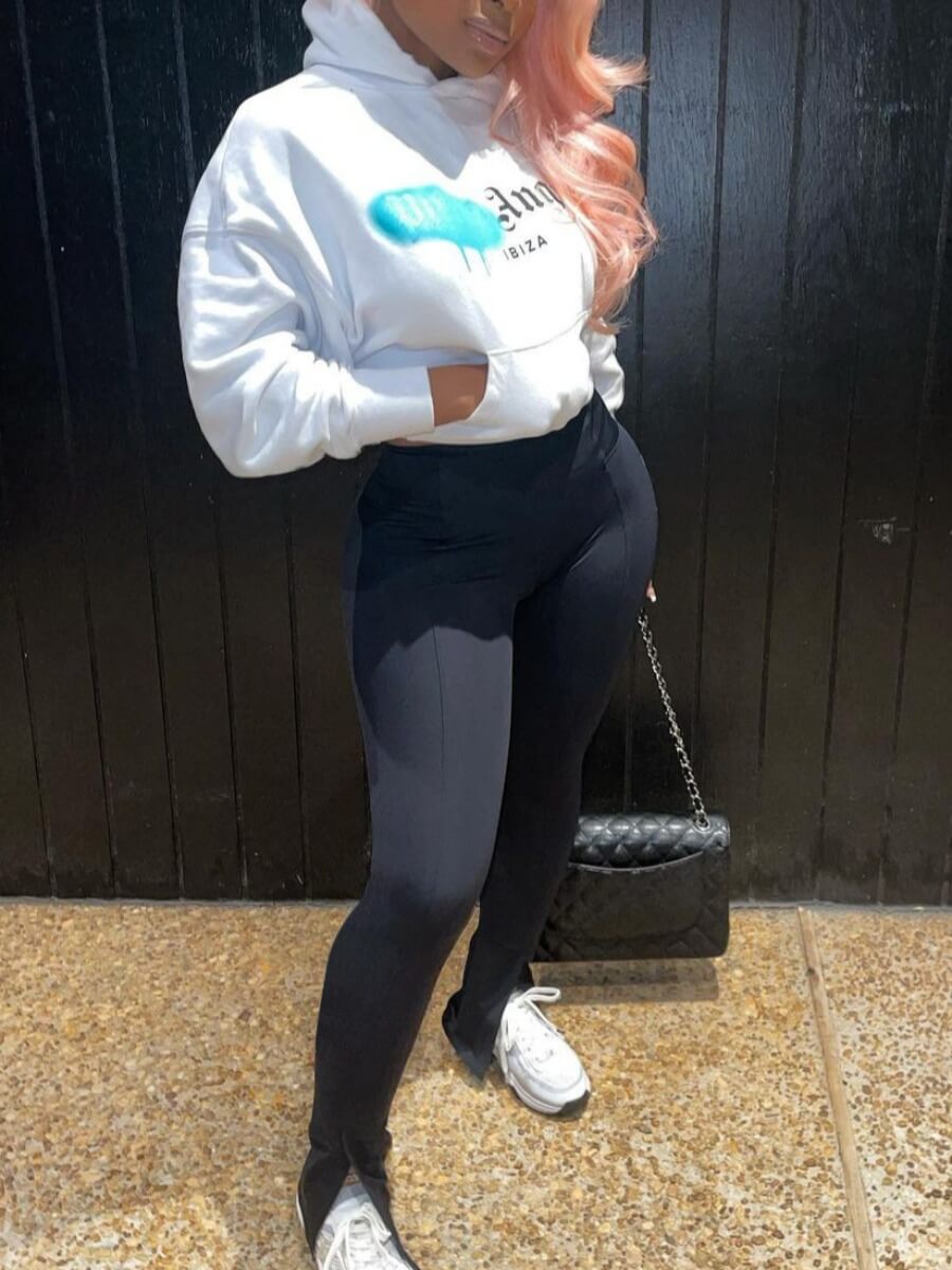 

Lovely Casual Hooded Collar Letter Print White Two Piece Pants Set