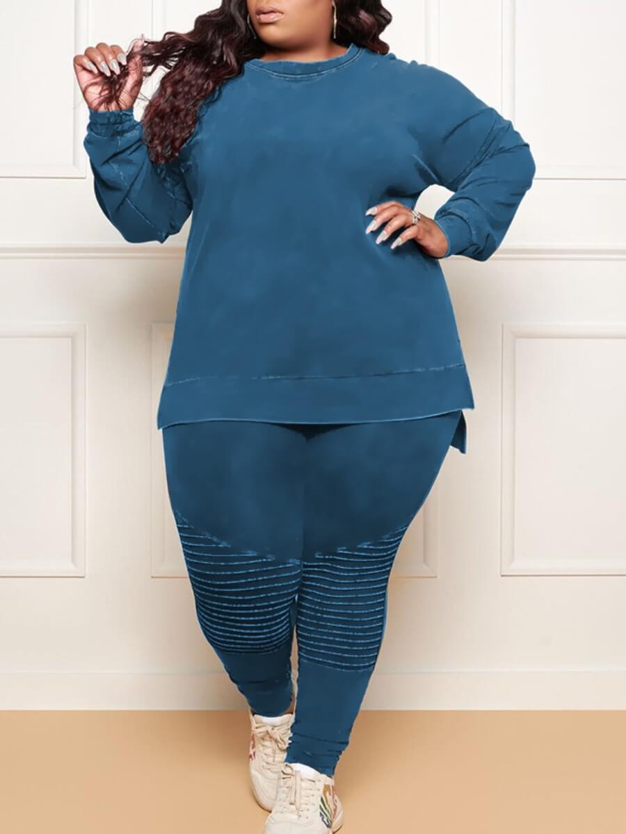 

Lovely Casual O Neck Side Slit Blue Plus Size Two-piece Pants Set