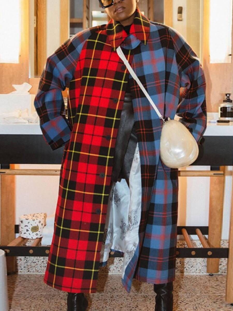 

Lovely Casual Plaid Print Button Design Patchwork Red Trench Coat