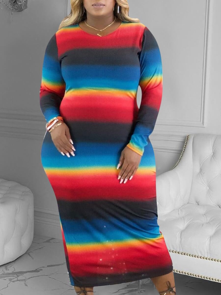 

Lovely Casual O Neck Gradient Red Mid Calf Plus Size Dress