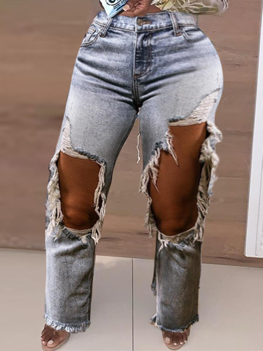 

Lovely Casual Raw Edge Ripped Blue Jeans