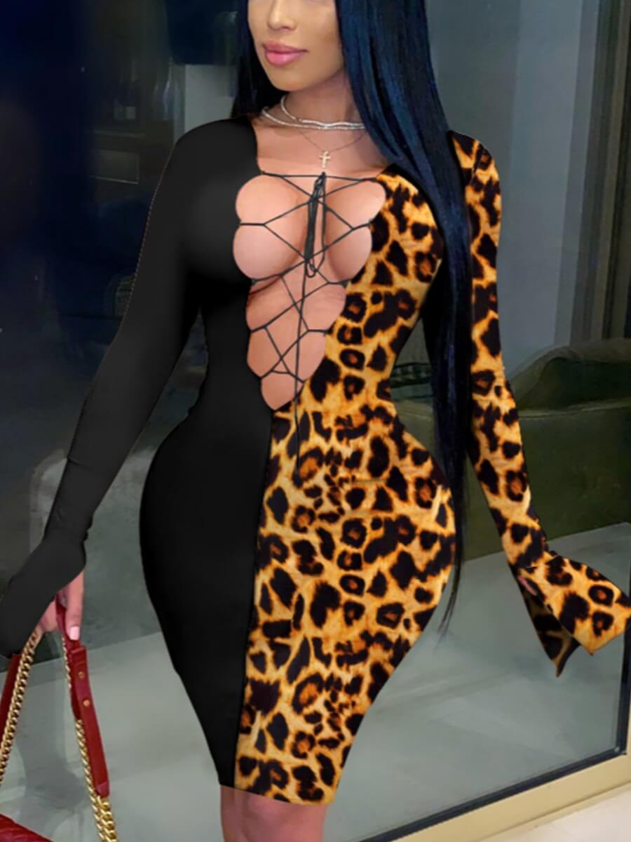 

Lovely Sexy Flared Leopard Print Bandage Hollow-out Design Black Knee Length Dress