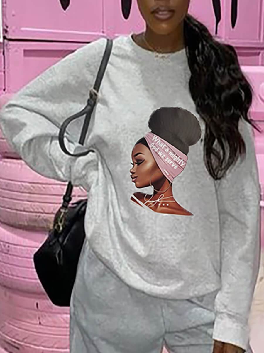

Lovely Casual O Neck Portrait Print Grey Hoodie