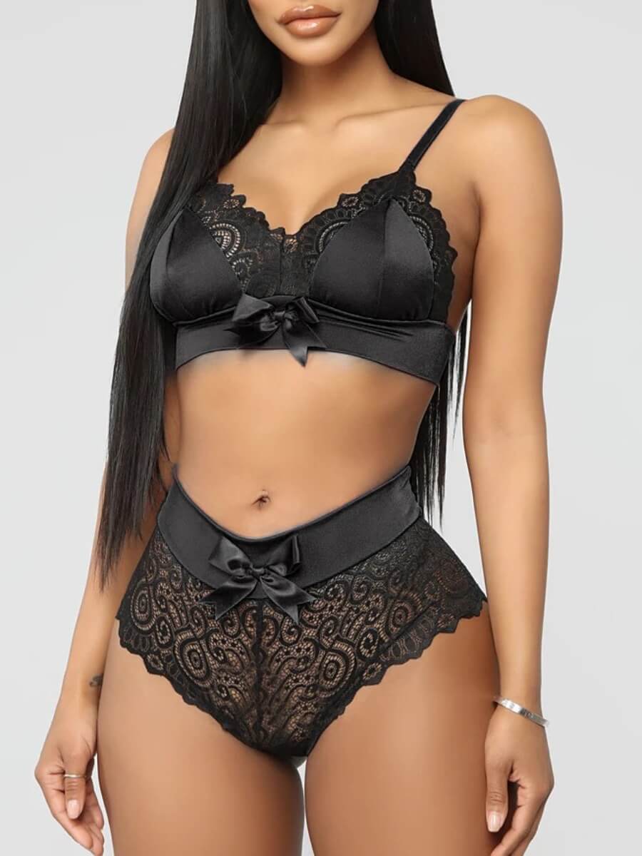 

LW Sexy Bow-tie Decoration Patchwork Black Bra Sets