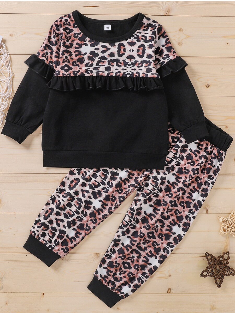 

Lovely Sweet Leopard Print Flounce Design Black Girl Two Piece Pants Set