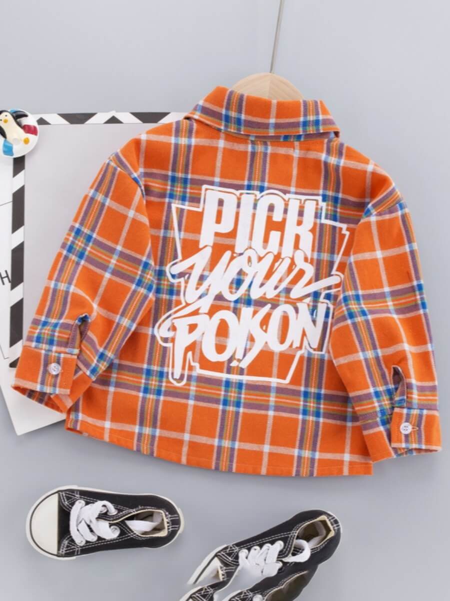 

Lovely Trendy Plaid Letter Print Brown Boy Shirt, Orange