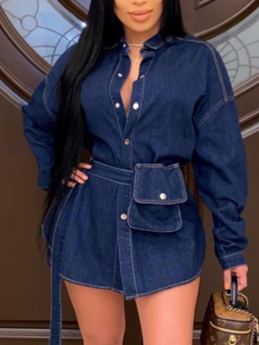 

Lovely Casual Lace-up Pocket Design Deep Blue Mini Denim Dress