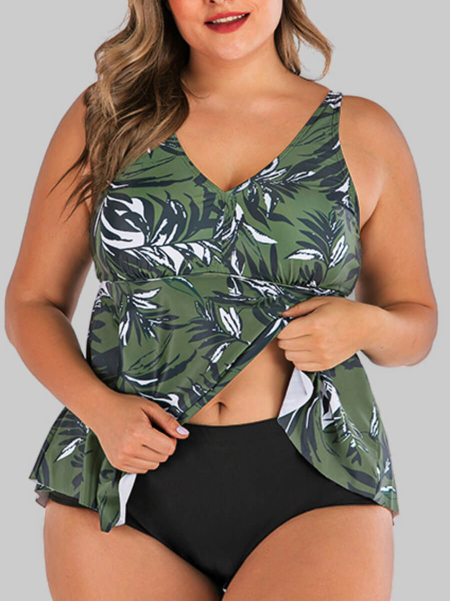 

Lovely Sweet V Neck Floral Print Green Plus Size Tankini