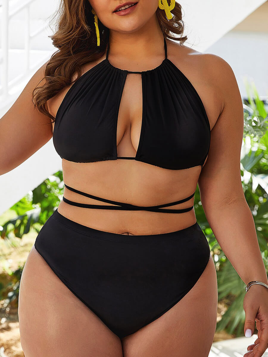 

Lovely Sexy Halter Neck Hollow-out Black Plus Size Two-piece Swimsui