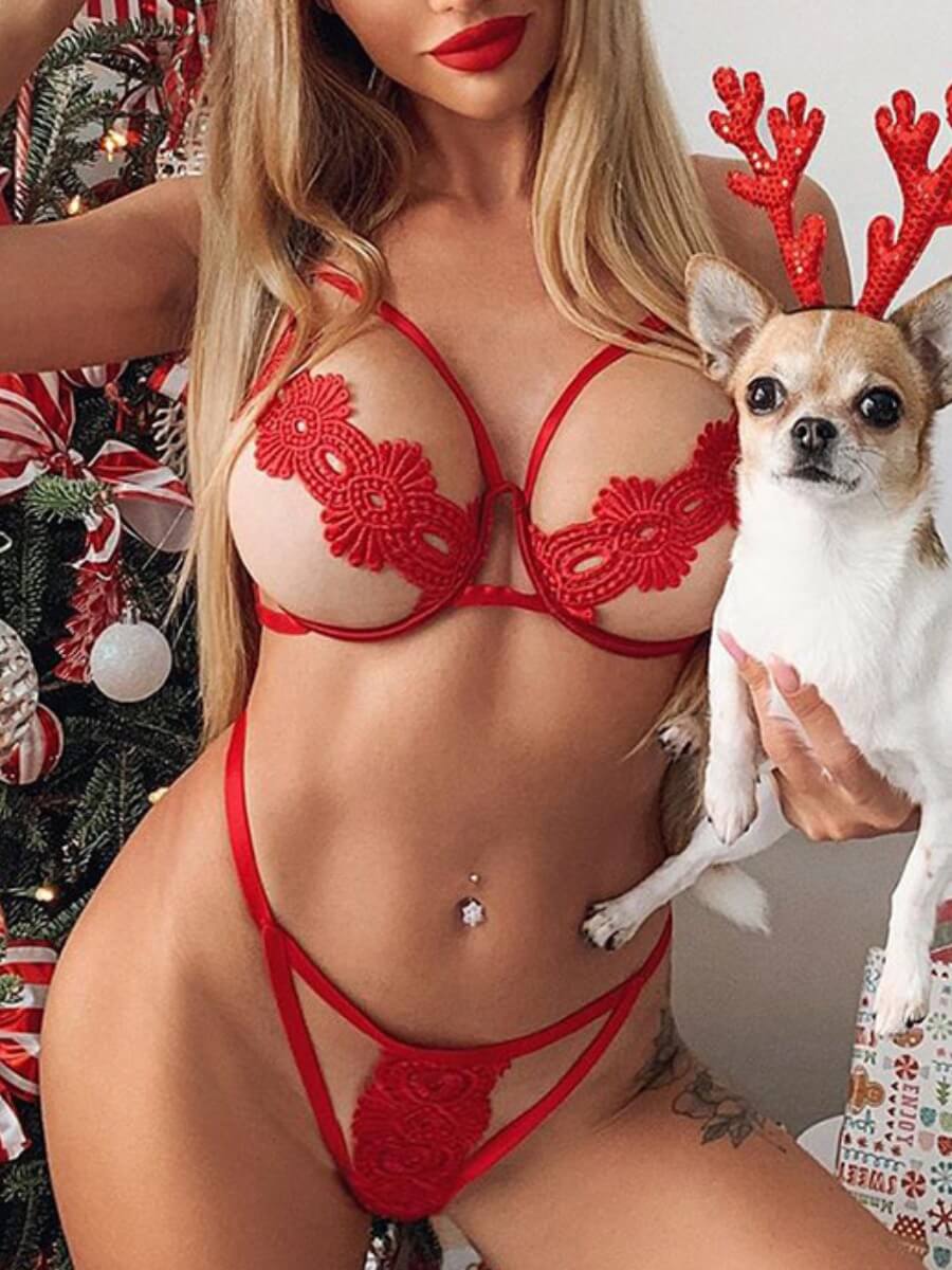

Lovely Sexy Christmas Day Hollow-out Red Bra Sets