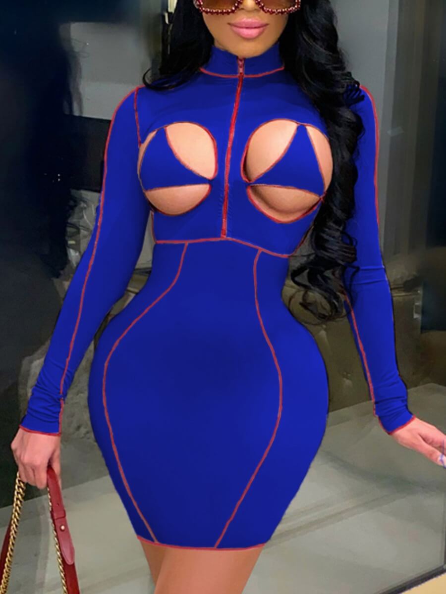 

Lovely Sexy Turtleneck Hollow-out Blue Mini Dress