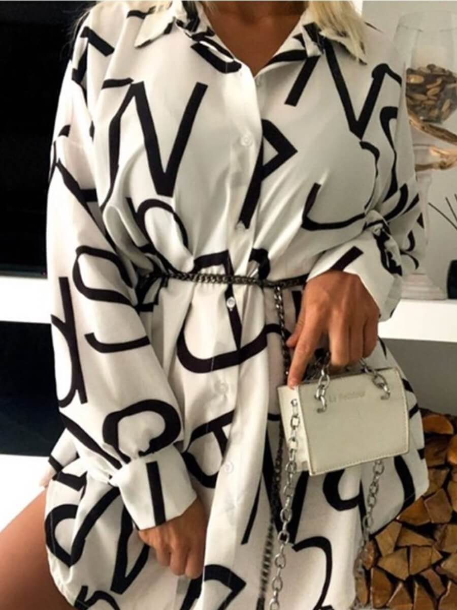 

Lovely Temperament Turndown Collar Print White Mini Dress