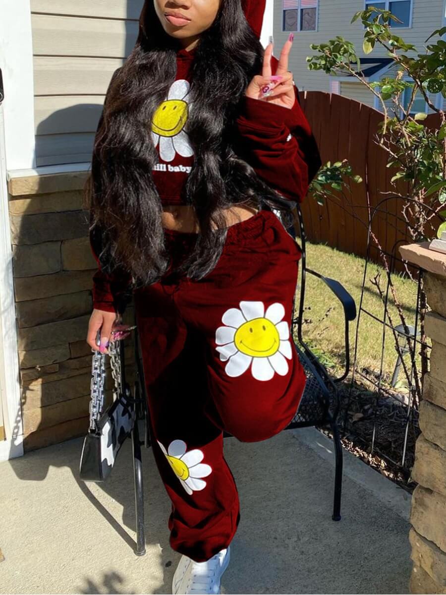 

Lovely Chic Hooded Collar Print Wine Red Two Piece Pants Set