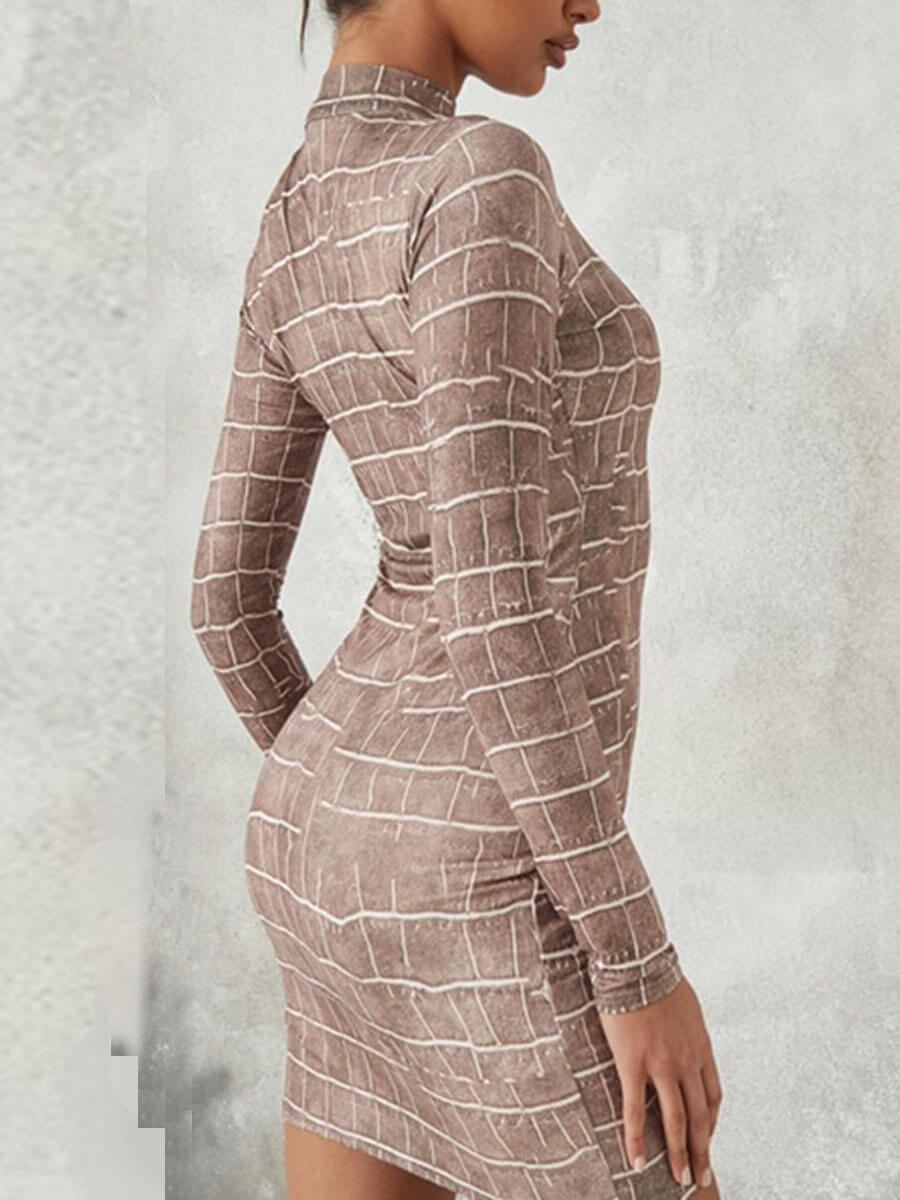 

Lovely Casual Half A Turtleneck Geometric Apricot Mini Dress