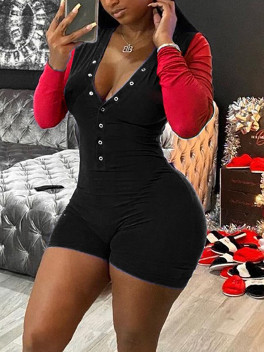 

Lovely Casual V Neck Patchwork Buttons Decorative Black One-piece Romper