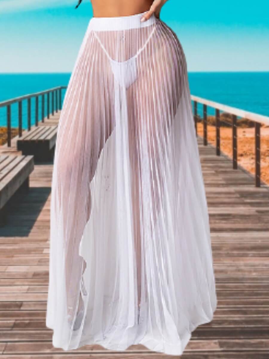 

Lovely Casual Pleated See-through White Cover-up