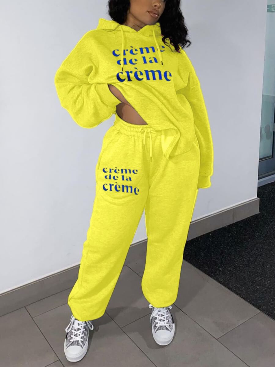 

Lovely Sportswear Hooded Collar Letter Print Drawstring Design Yellow Two Piece Pants Set