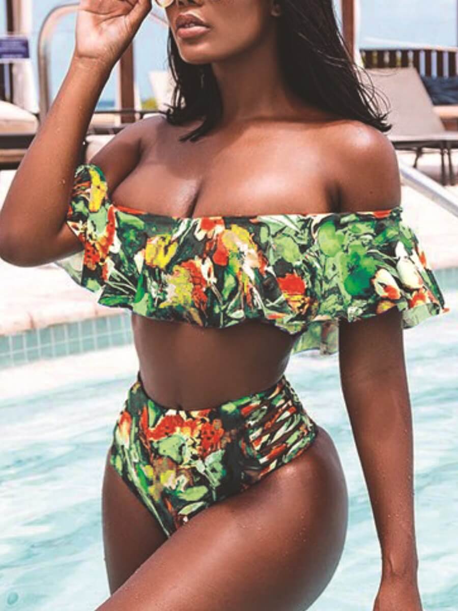 

Lovely Sweet Floral Print Flap Over Green Tankini