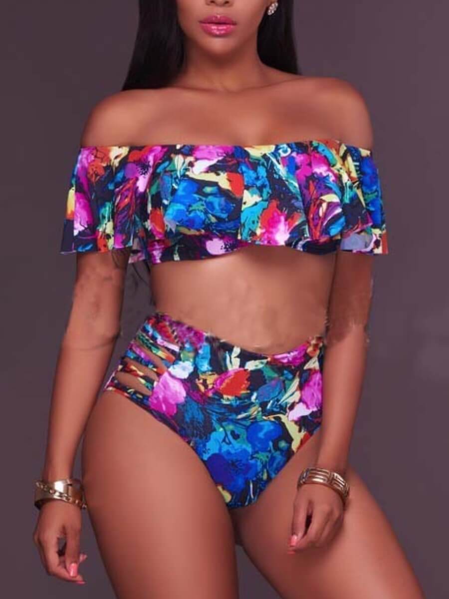 

Lovely Sweet Floral Print Flap Over Blue Tankini