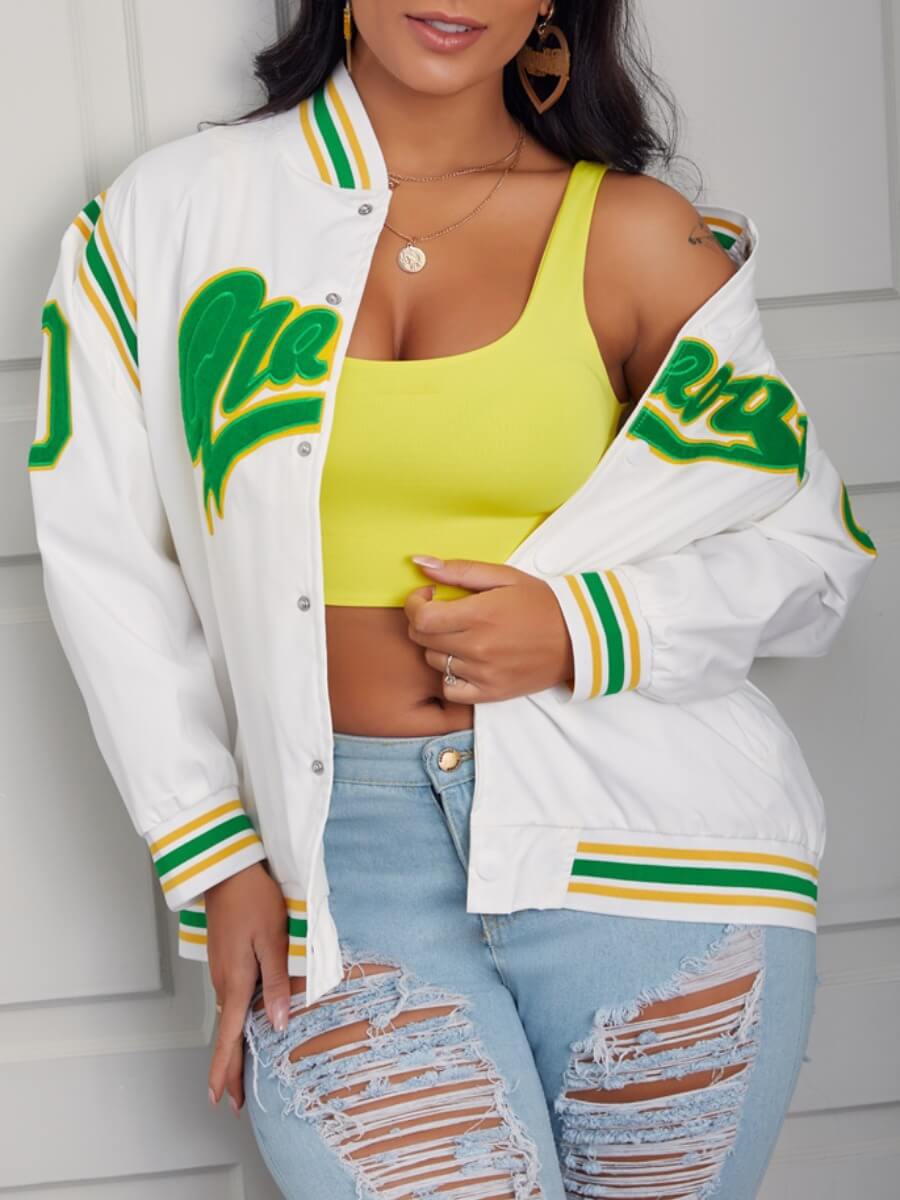

Lovely Street Striped Letter Print White Jacket