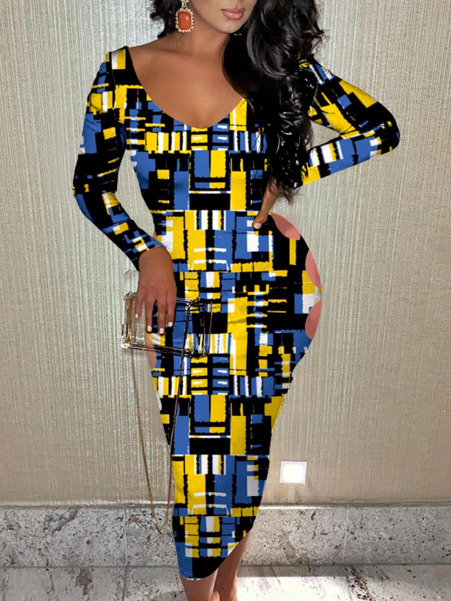 

Lovely Sexy Color-lump Patchwork Hollow-out Yellow Mid Calf Dress(No-positioning Printing)