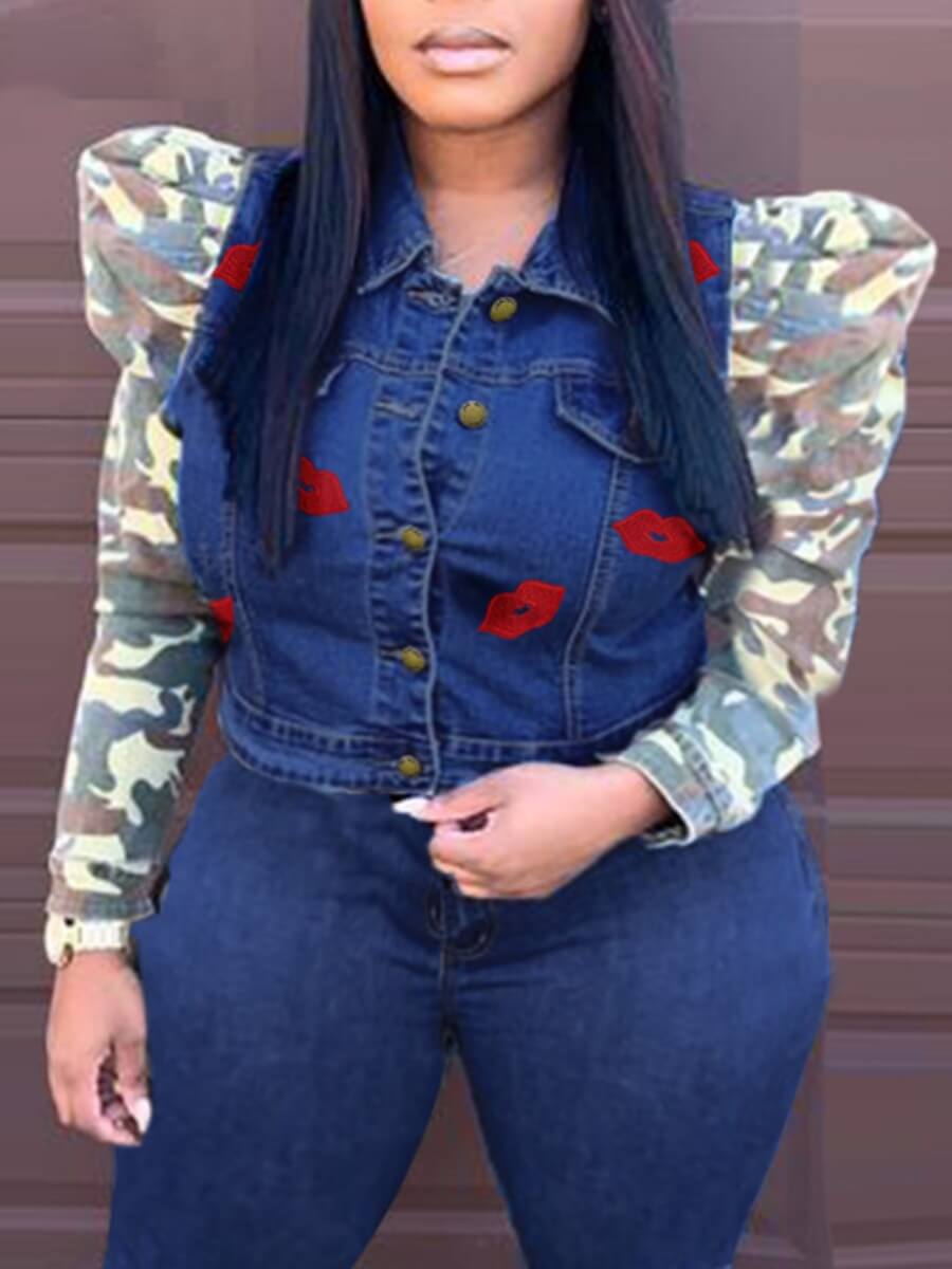 

Lovely Trendy Lip Camo Print Deep Blue Plus Size Denim Jacket