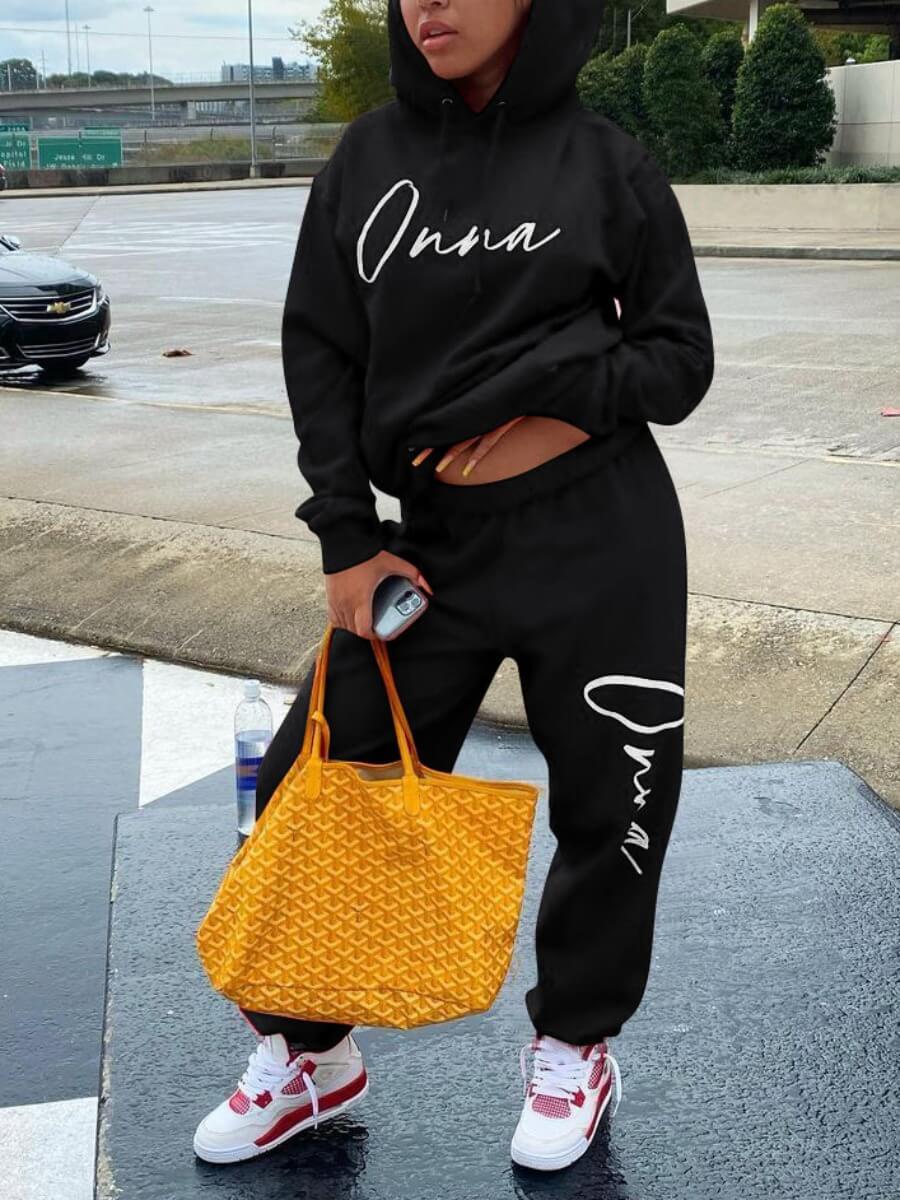 

Lovely Casual Hooded Collar Letter Print Black Two Piece Pants Set