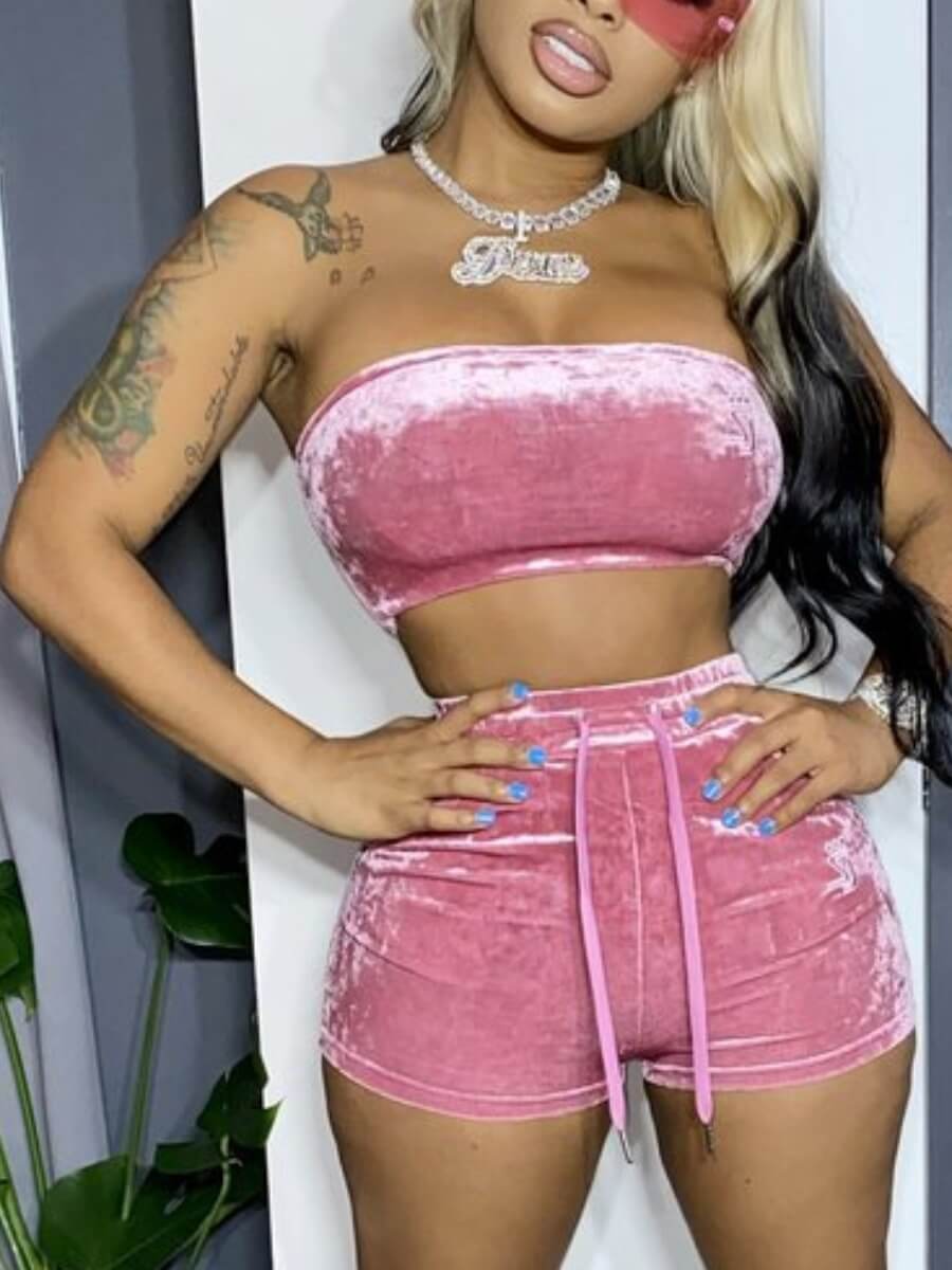 

LW Casual Sleeveless Drawstring Design Pink Velvet Two Piece Shorts Set