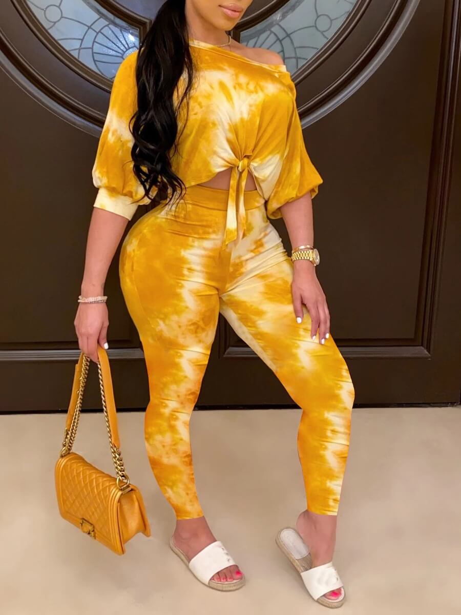 

LW Casual One Shoulder Tie Dye Print Yellow Two Piece Pants Set
