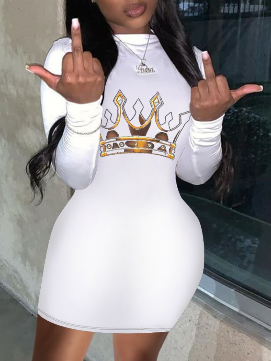

Lovely Casual O Neck Print Skinny White Mini Dress