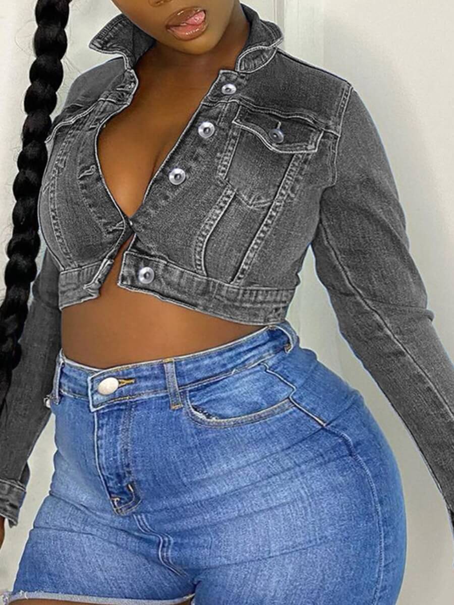 

Lovely Casual Turndown Collar Button Design Grey Plus Size Denim Coat