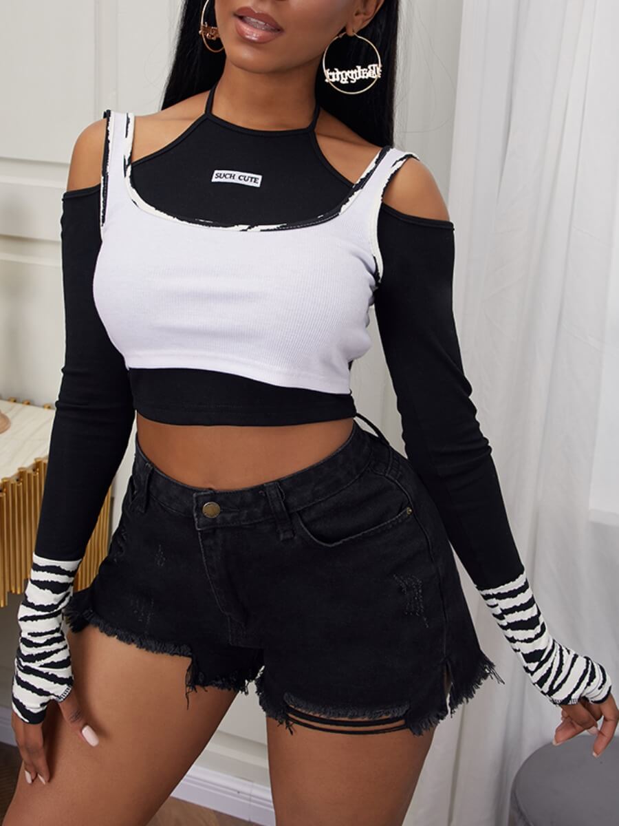 

Lovely Casual Hollow-out Patchwork Black T-shirt