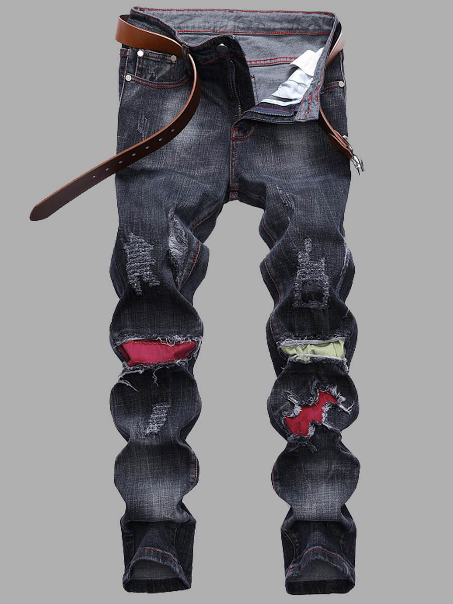 

Lovely Casual Mid Waist Broken Holes Grey Men Jeans