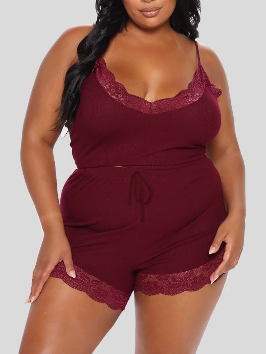 

Lovely CasualSpaghetti Strap Lace Stitching Wine Red Plus Size Sleepwear