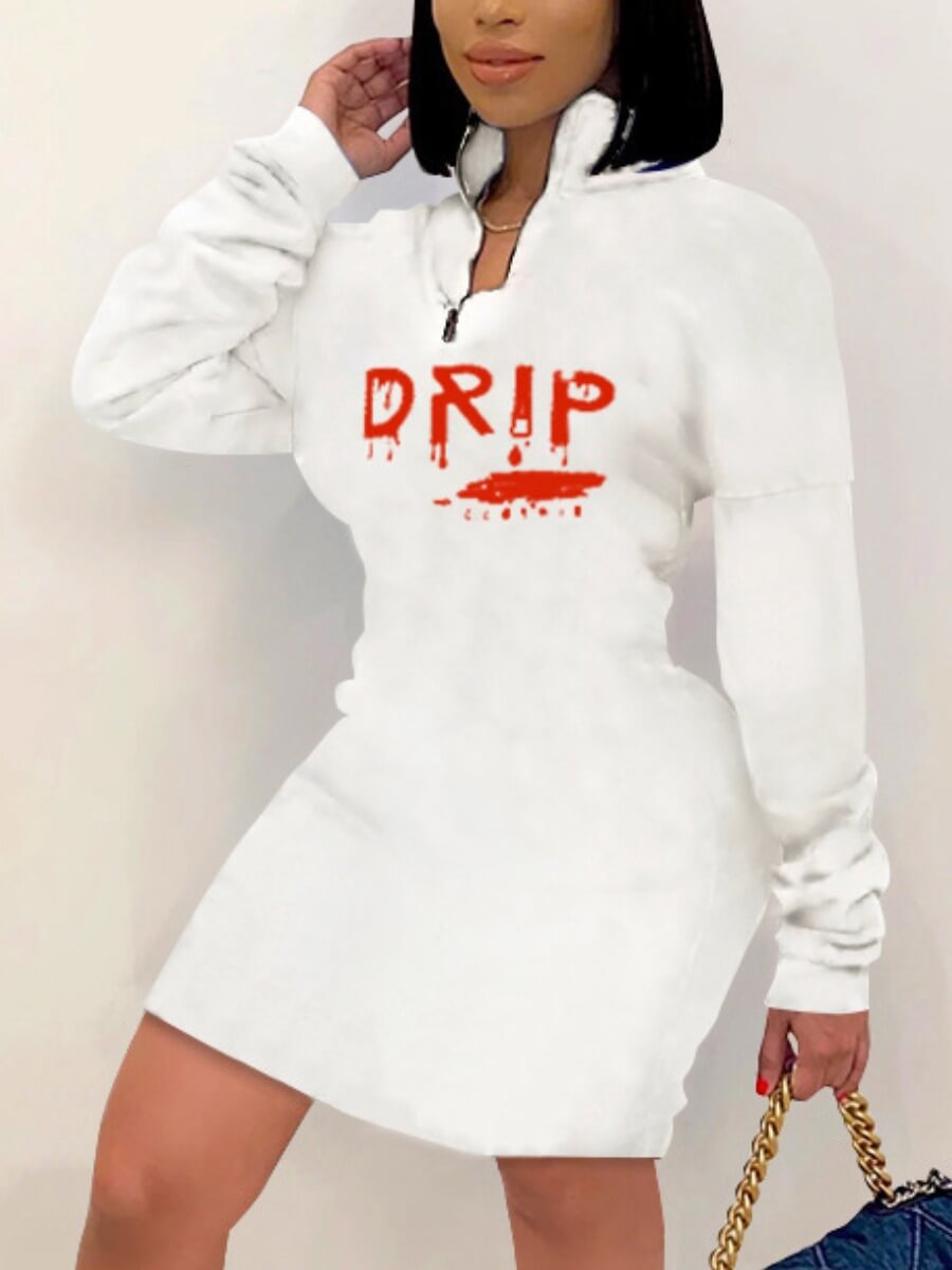 

Lovely Casual Letter Print Zipper Design White Mini Dress