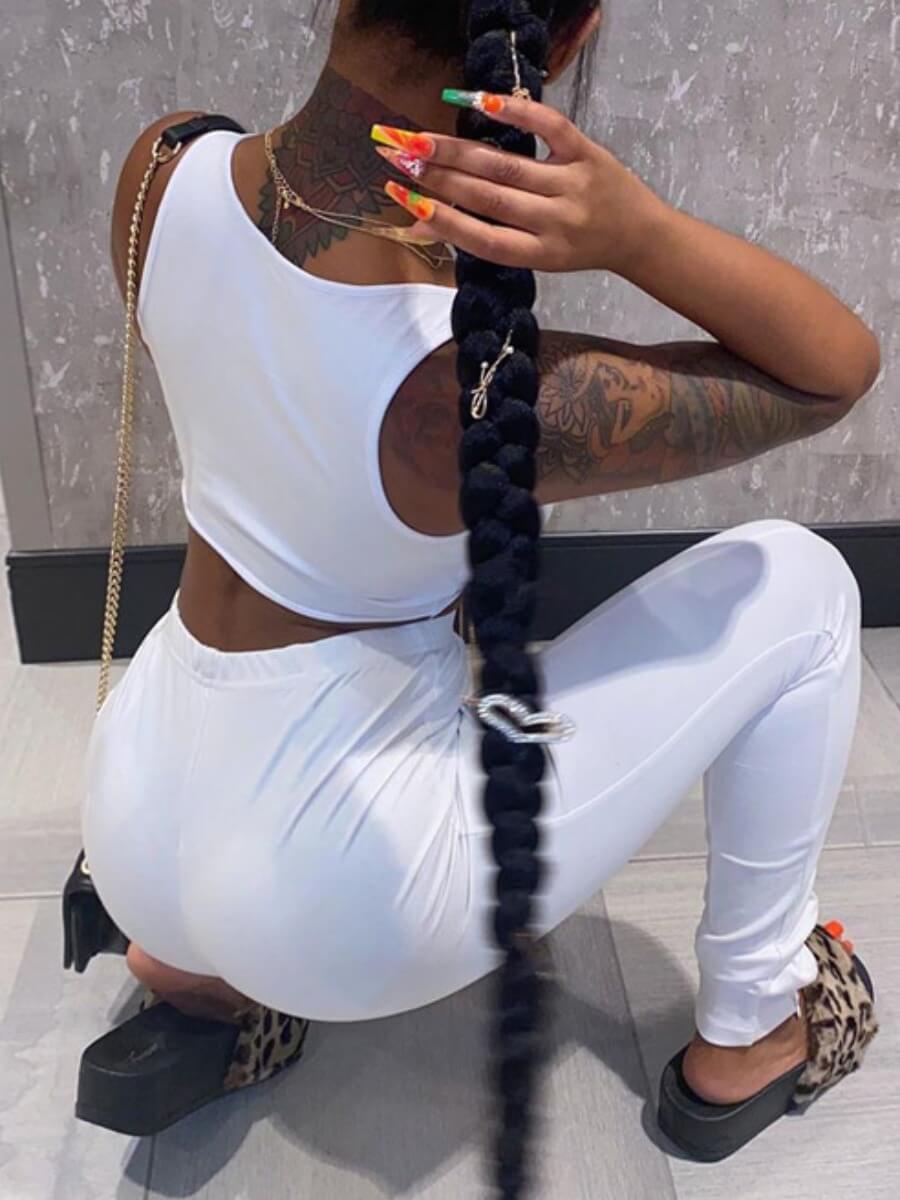 Lovely Sexy U Neck Lace-up Hollow-out White Two Piece Pants Set