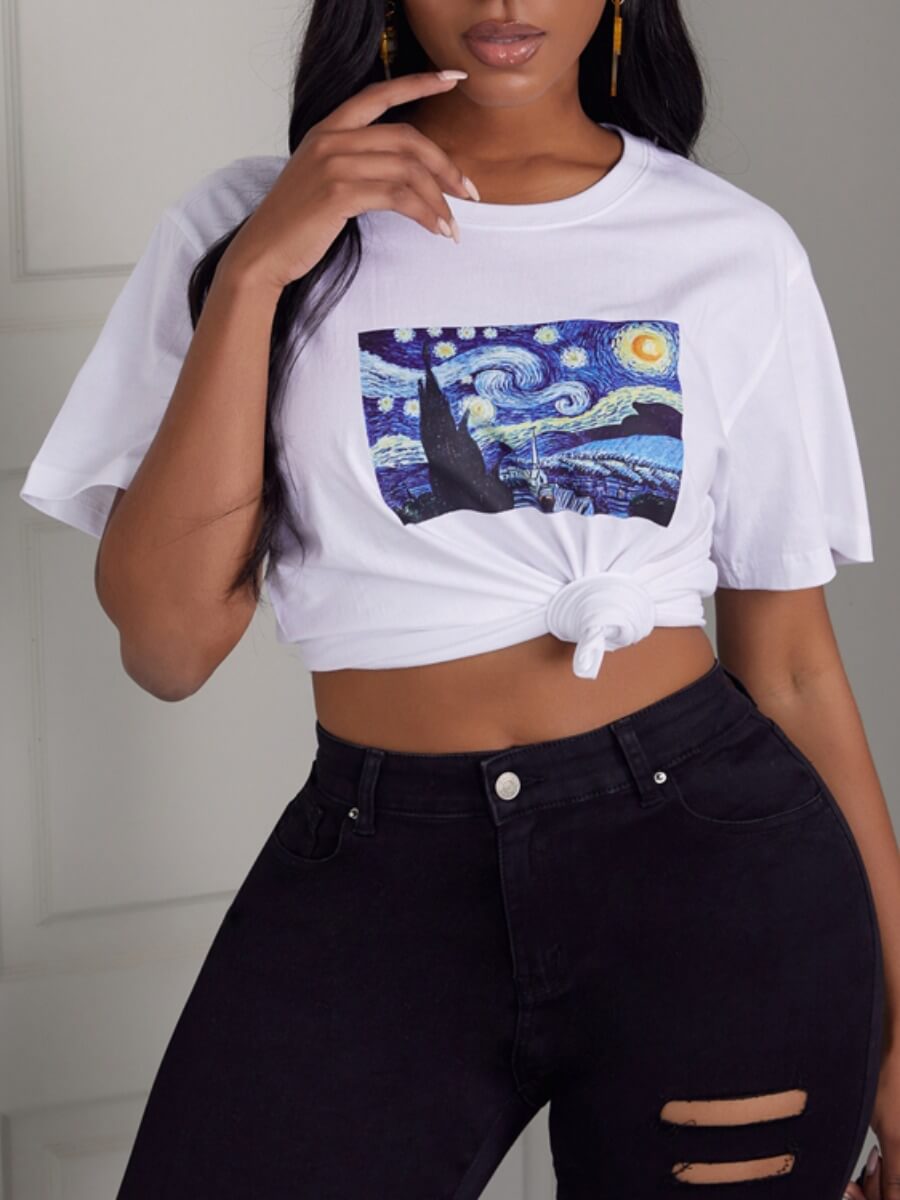 Lovely Casual O Neck Print White T-shirt