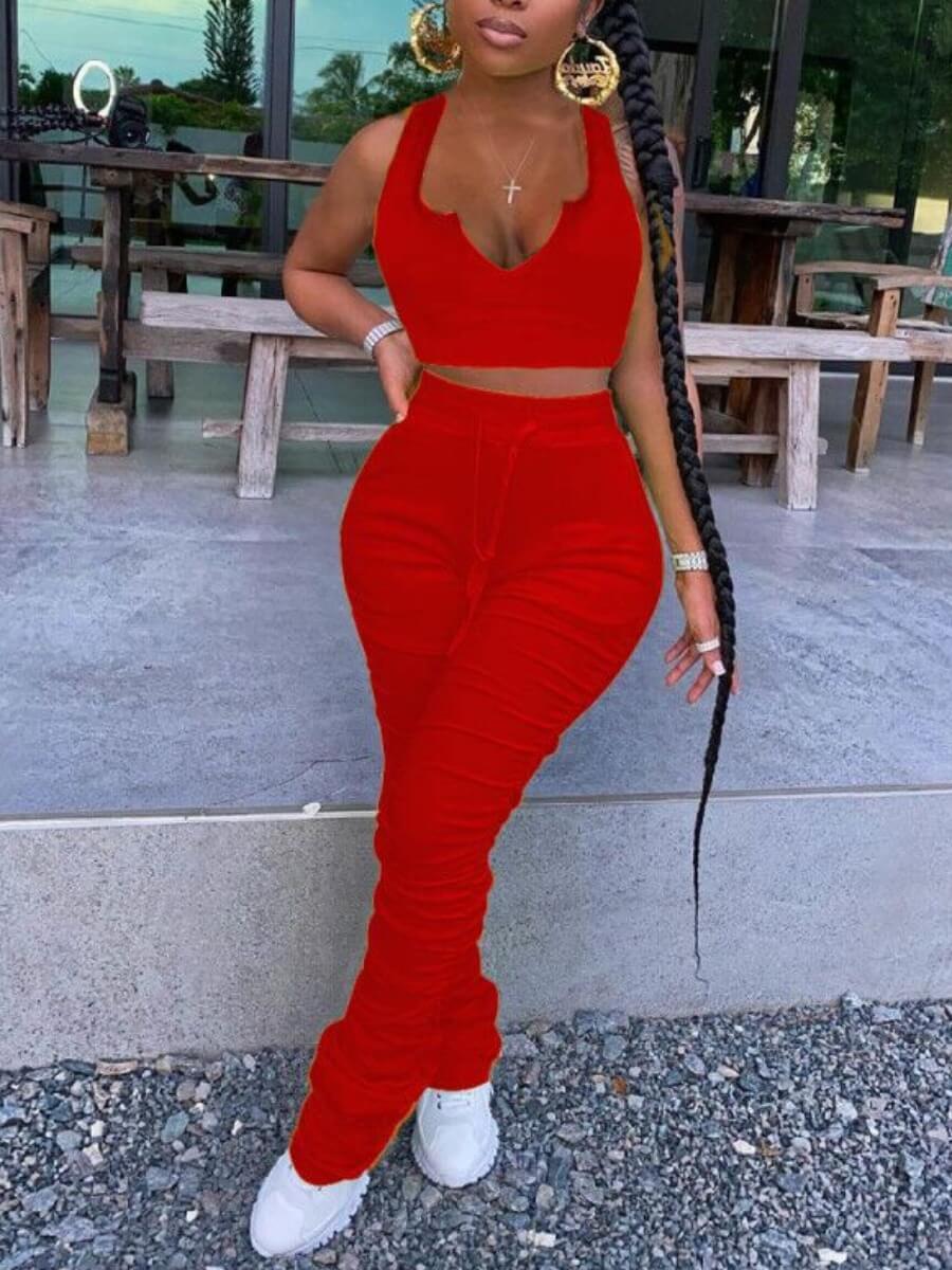 LW Casual V Neck Fold Design Red Two Piece Pants Set
