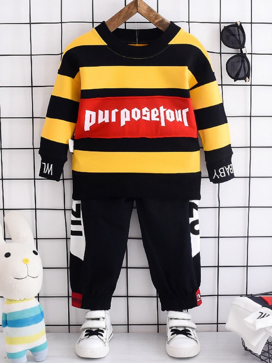 

Lovely Casual O Neck Letter Print Patchwork Yellow Boy Two Piece Pants Set