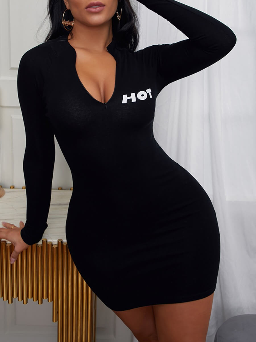 

Lovely Casual Letter Print Skinny Black Mini Dress