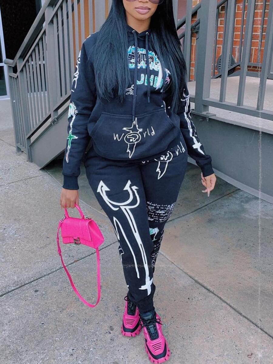 

Lovely Sportswear Hooded Collar Print Black Plus Size Two-piece Pants Set