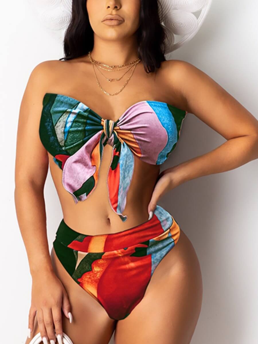 

Lovely Casual Print Patchwork Bandage Design Red Two-piece Swimsuit