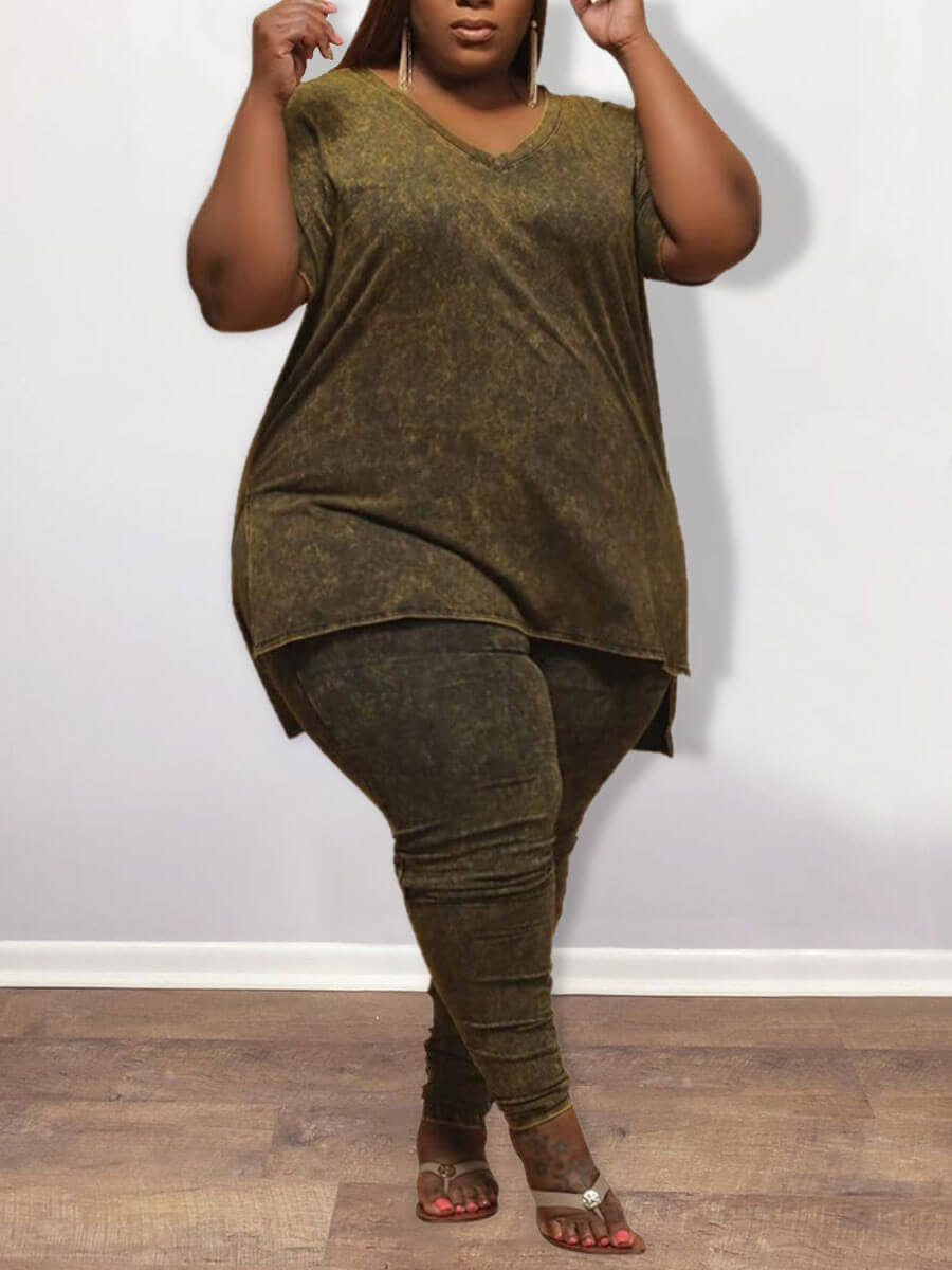 

Lovely Plus Size Casual V Neck Green Two-piece Pants Set