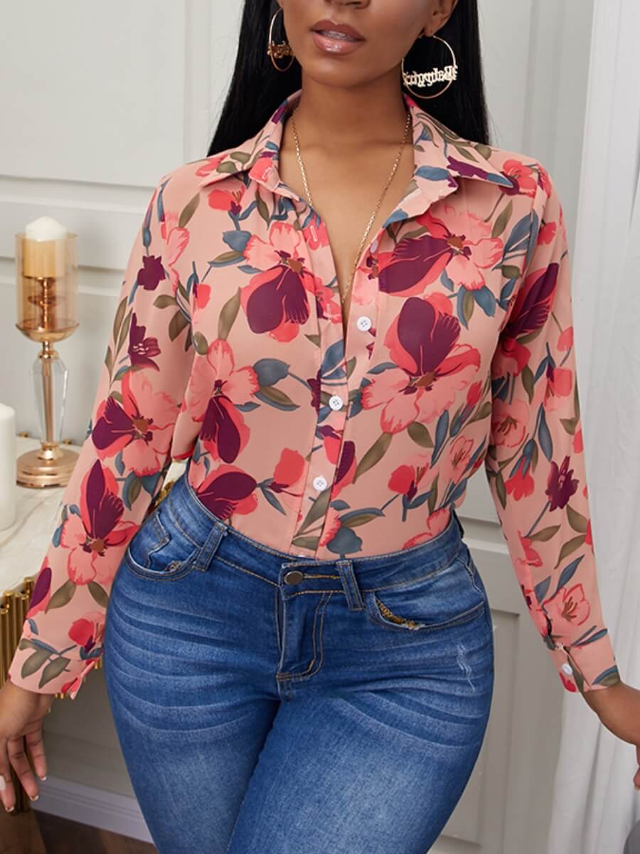 

Lovely Sweet Turndown Collar Floral Print Pink Blouse