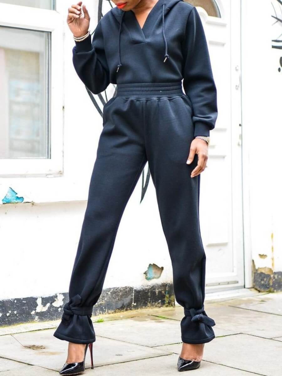 

Lovely Street Hooded Collar Bandage Design Black Two Piece Pants Set