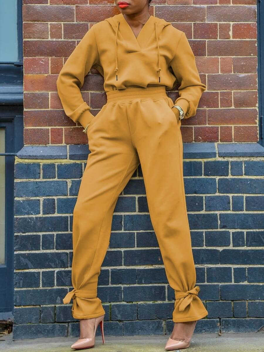 

Lovely Street Hooded Collar Bandage Design Yellow Two Piece Pants Set